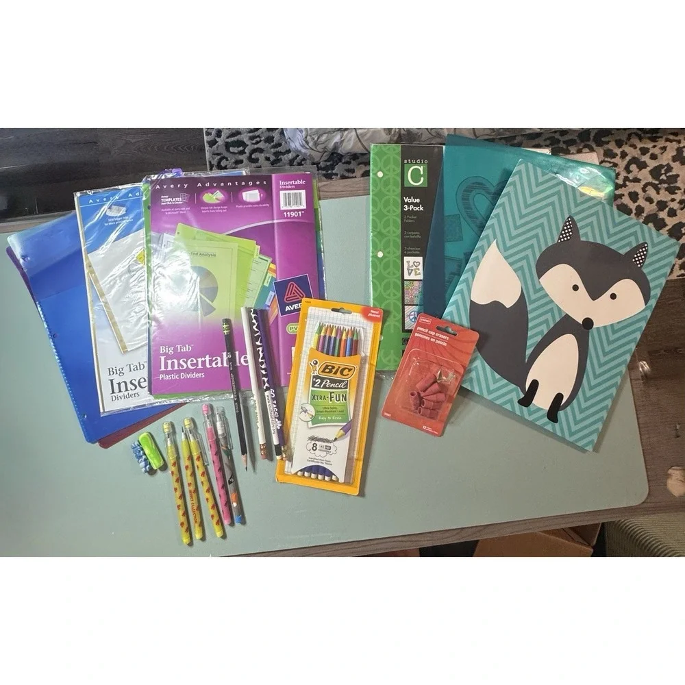 School Supplies SUPER LOT - 18 PIECES - Pencils - Folders - Dividers - Erasers